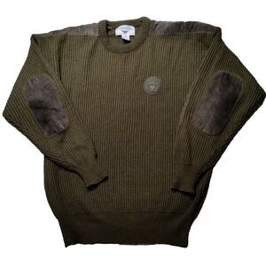 VTG EXPRESSIONS Men Large‎ Acrylic Green with Leather Trim Military Sweater